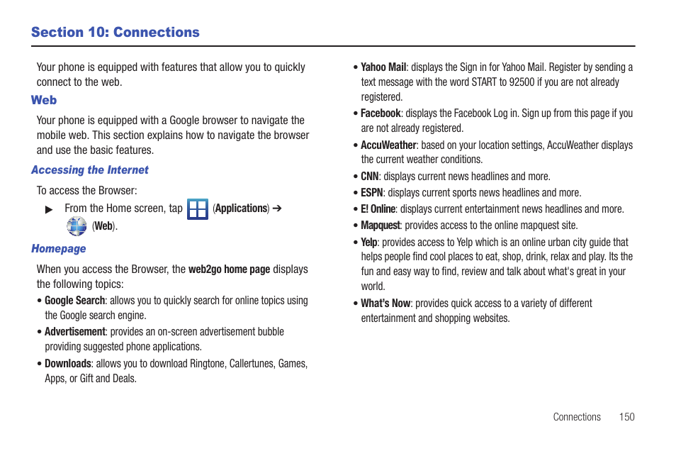 Section 10: connections | Samsung SGH-T589HBBTMB User Manual | Page 155 / 240