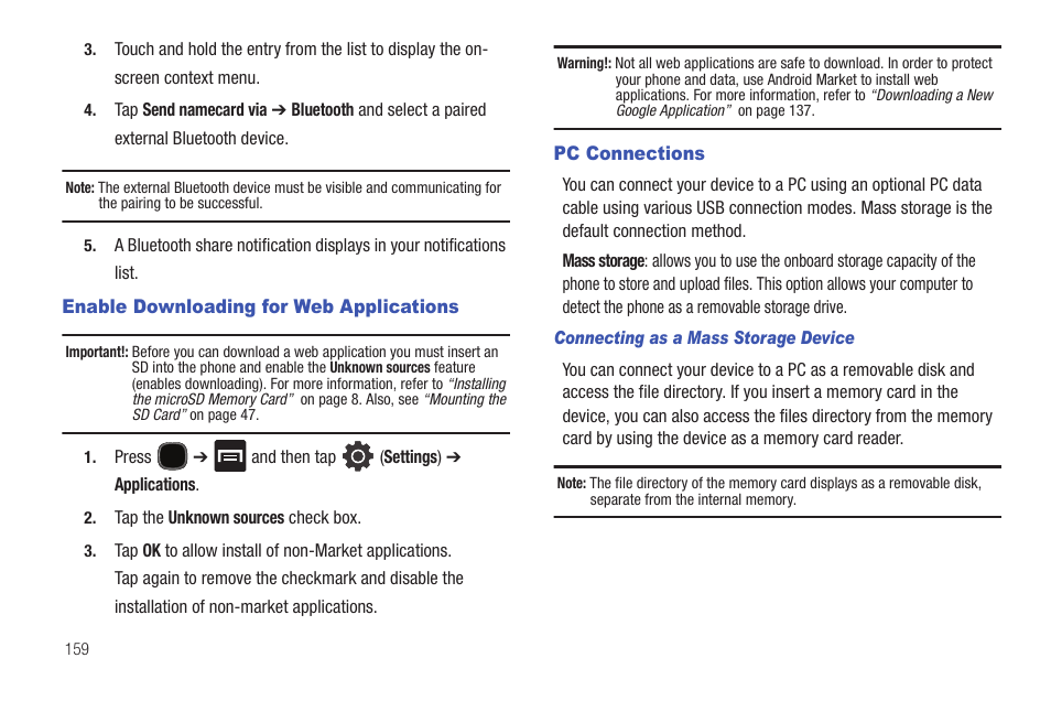 Enable downloading for web applications, Pc connections | Samsung SGH-T589HBBTMB User Manual | Page 164 / 240