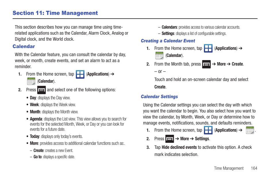 Section 11: time management, Calendar | Samsung SGH-T589HBBTMB User Manual | Page 169 / 240