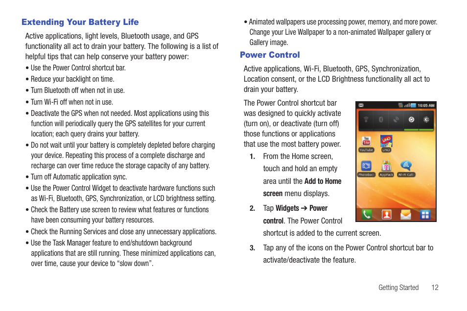 Extending your battery life, Power control, Extending your battery life power control | Samsung SGH-T589HBBTMB User Manual | Page 17 / 240