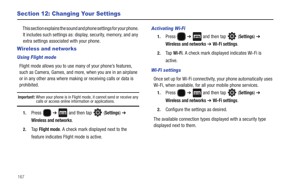 Section 12: changing your settings, Wireless and networks, Ion. for more | Samsung SGH-T589HBBTMB User Manual | Page 172 / 240