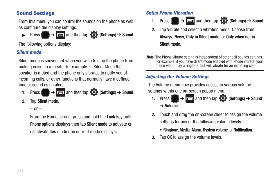Sound settings | Samsung SGH-T589HBBTMB User Manual | Page 182 / 240