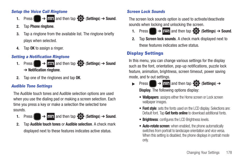 Display settings | Samsung SGH-T589HBBTMB User Manual | Page 183 / 240