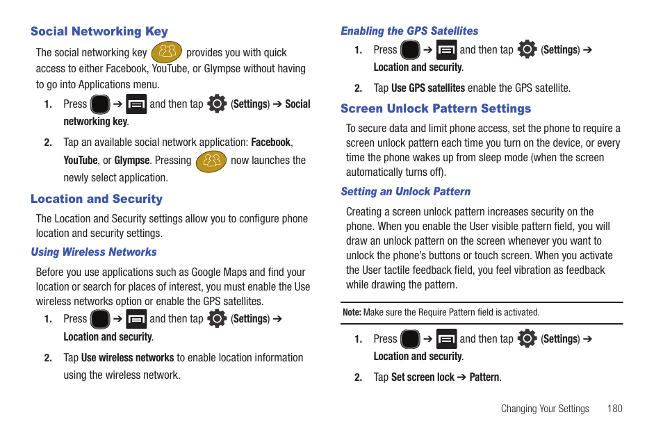 Social networking key, Location and security, Screen unlock pattern settings | Samsung SGH-T589HBBTMB User Manual | Page 185 / 240