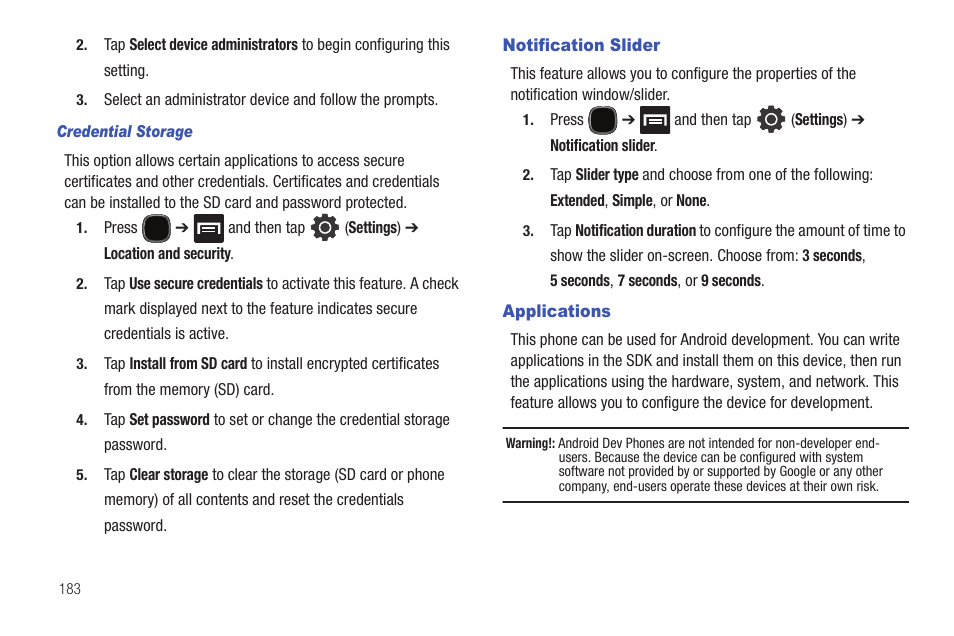 Notification slider, Applications, Notification slider applications | Samsung SGH-T589HBBTMB User Manual | Page 188 / 240