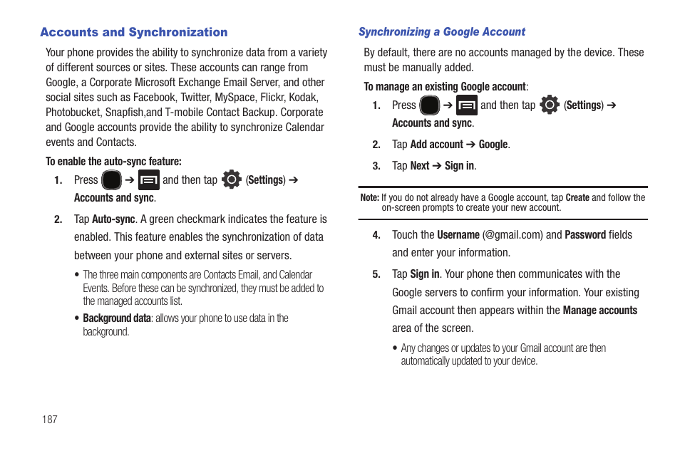 Accounts and synchronization | Samsung SGH-T589HBBTMB User Manual | Page 192 / 240