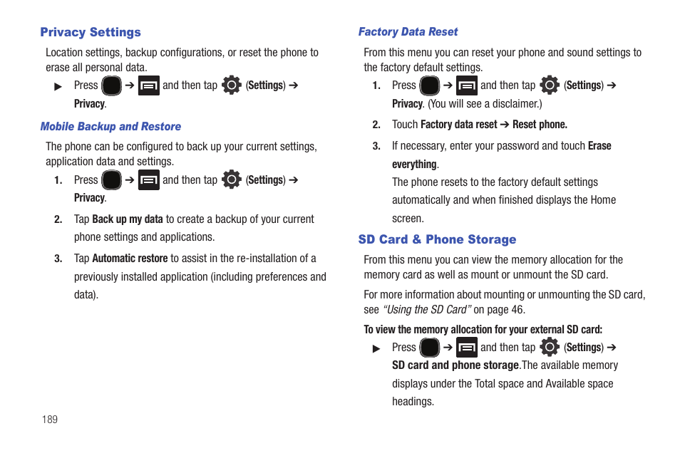 Privacy settings, Sd card & phone storage, Privacy settings sd card & phone storage | Samsung SGH-T589HBBTMB User Manual | Page 194 / 240