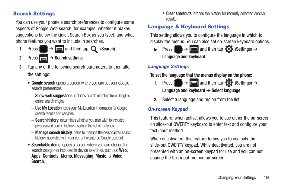 Search settings, Language & keyboard settings, Search settings language & keyboard settings | Samsung SGH-T589HBBTMB User Manual | Page 195 / 240
