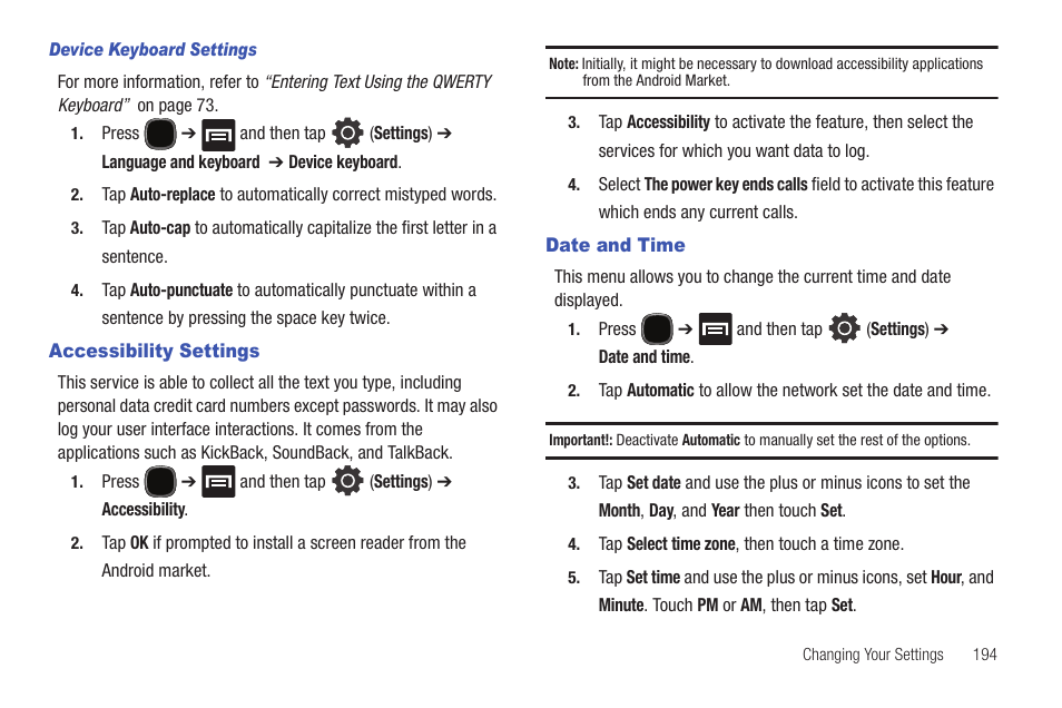 Accessibility settings, Date and time, Accessibility settings date and time | Samsung SGH-T589HBBTMB User Manual | Page 199 / 240