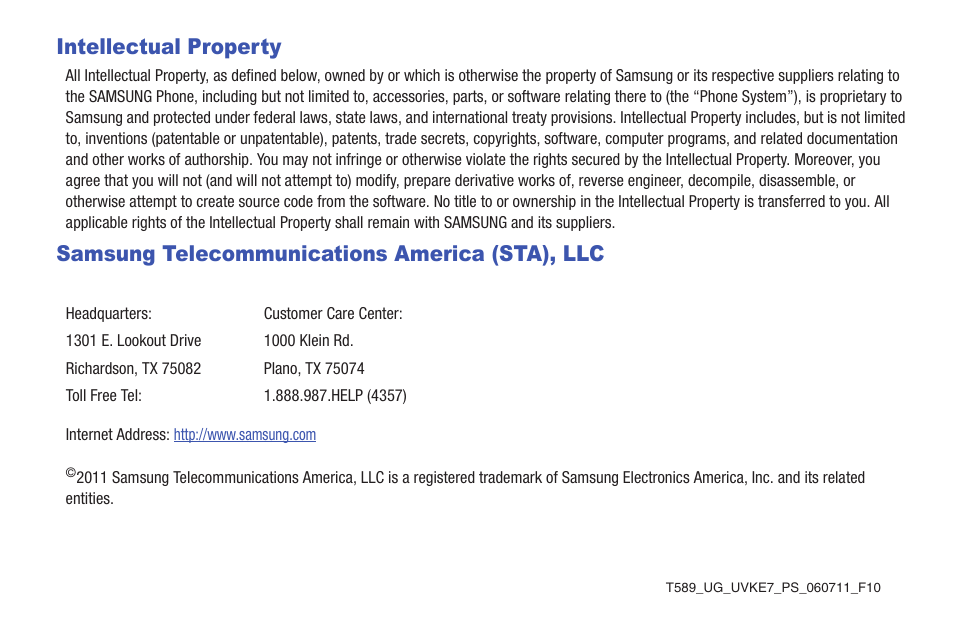 Intellectual property, Samsung telecommunications america (sta), llc | Samsung SGH-T589HBBTMB User Manual | Page 2 / 240