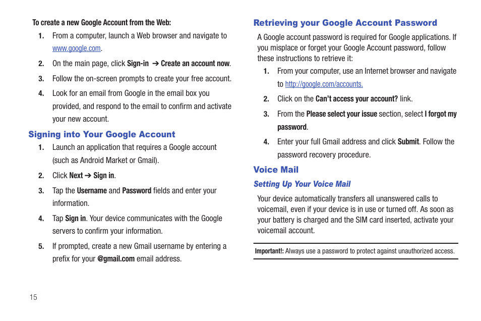 Signing into your google account, Retrieving your google account password, Voice mail | Samsung SGH-T589HBBTMB User Manual | Page 20 / 240