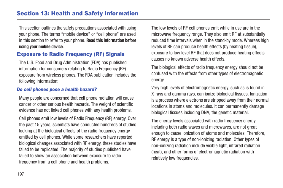 Section 13: health and safety information, Exposure to radio frequency (rf) signals | Samsung SGH-T589HBBTMB User Manual | Page 202 / 240