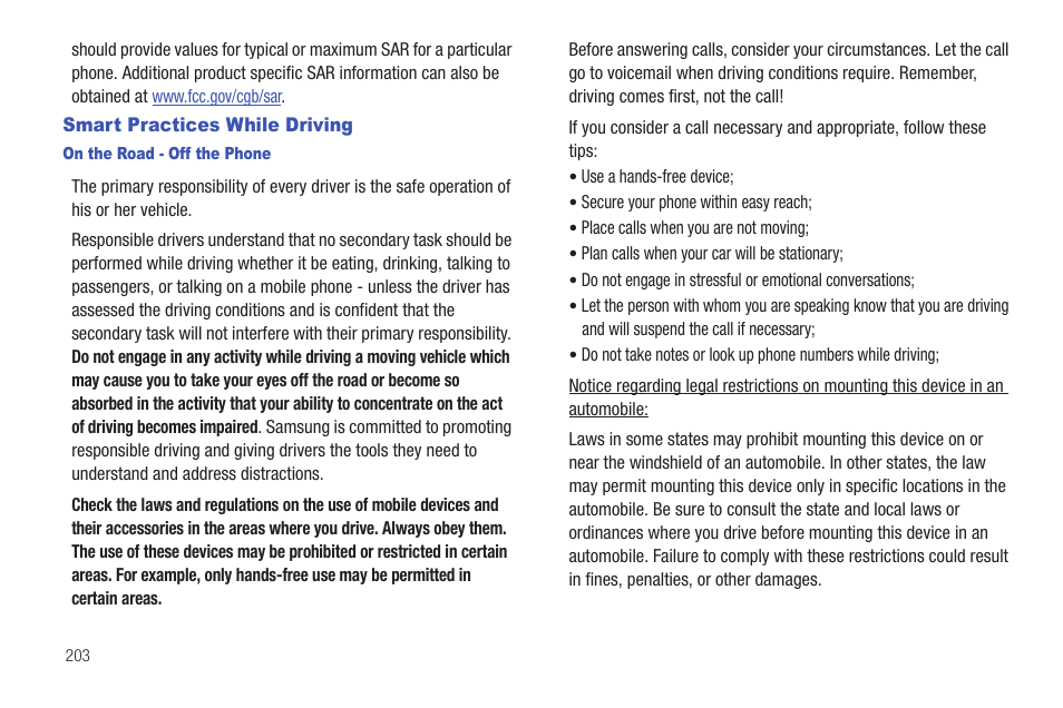 Smart practices while driving | Samsung SGH-T589HBBTMB User Manual | Page 208 / 240