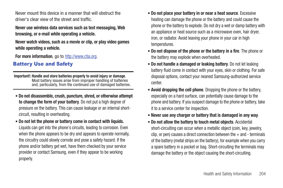 Battery use and safety | Samsung SGH-T589HBBTMB User Manual | Page 209 / 240