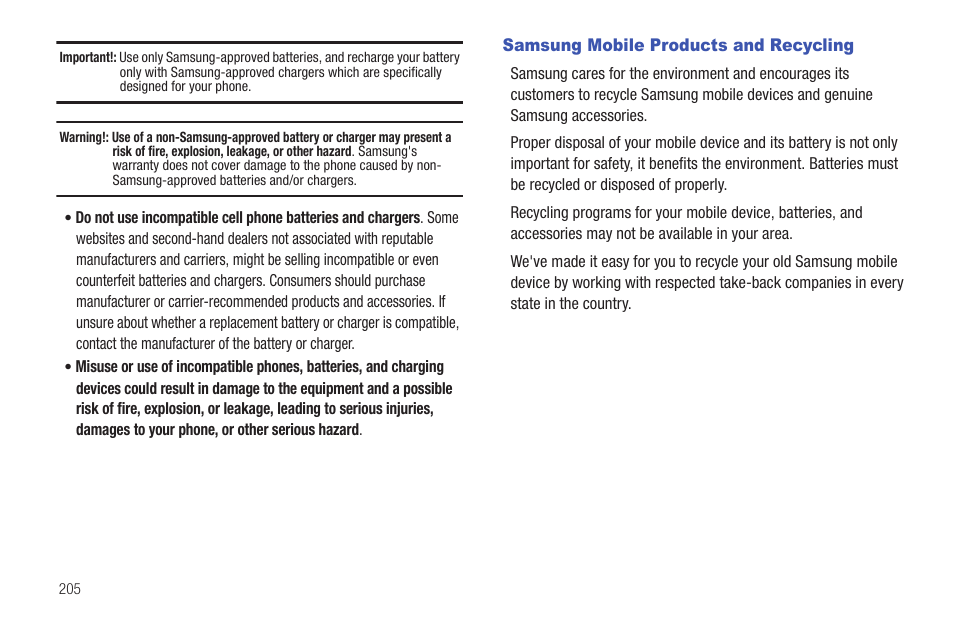 Samsung mobile products and recycling | Samsung SGH-T589HBBTMB User Manual | Page 210 / 240