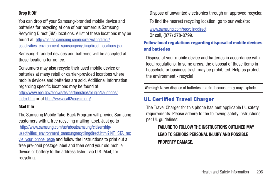 Ul certified travel charger | Samsung SGH-T589HBBTMB User Manual | Page 211 / 240