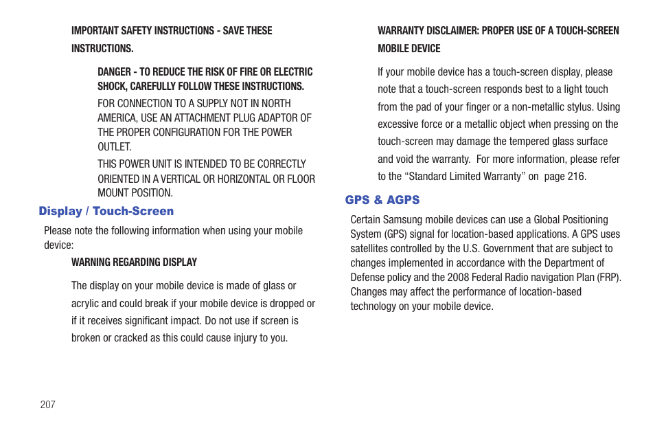 Display / touch-screen, Gps & agps, Display / touch-screen gps & agps | Samsung SGH-T589HBBTMB User Manual | Page 212 / 240