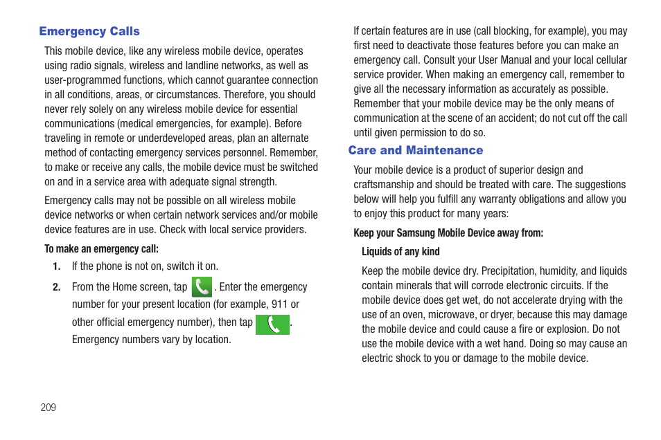 Emergency calls, Care and maintenance, Emergency calls care and maintenance | Samsung SGH-T589HBBTMB User Manual | Page 214 / 240