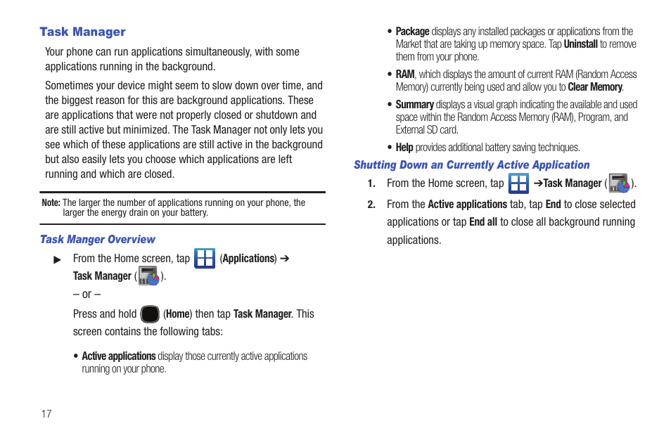 Task manager | Samsung SGH-T589HBBTMB User Manual | Page 22 / 240