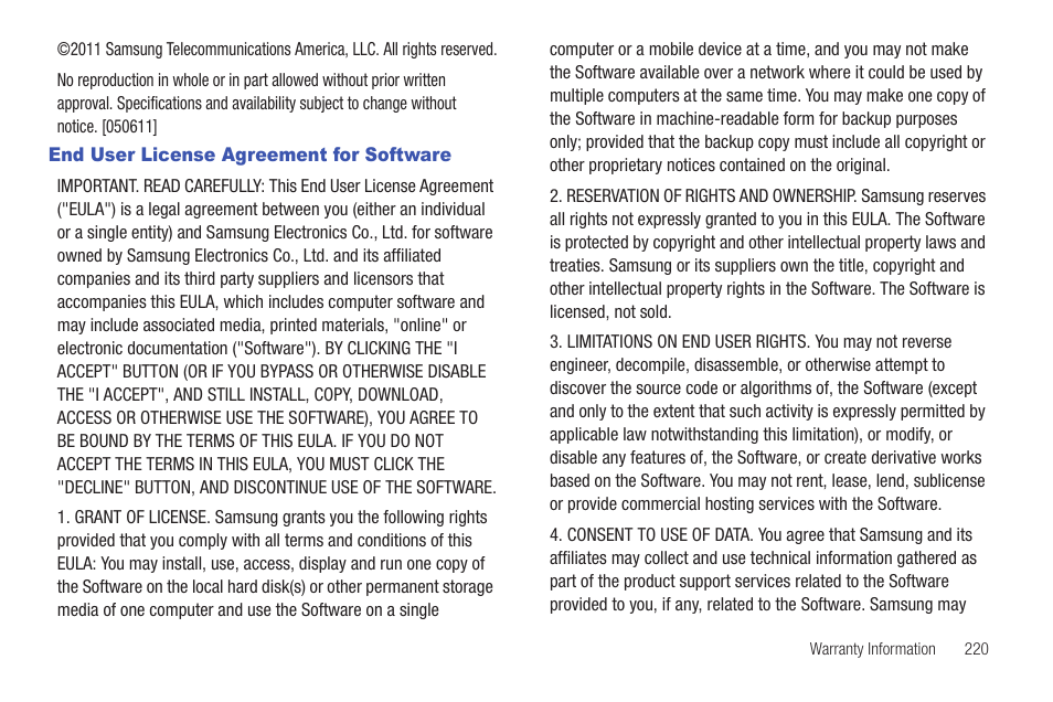 End user license agreement for software | Samsung SGH-T589HBBTMB User Manual | Page 225 / 240