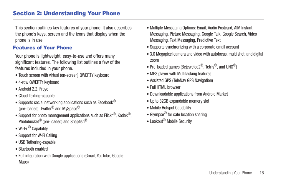 Section 2: understanding your phone, Features of your phone | Samsung SGH-T589HBBTMB User Manual | Page 23 / 240