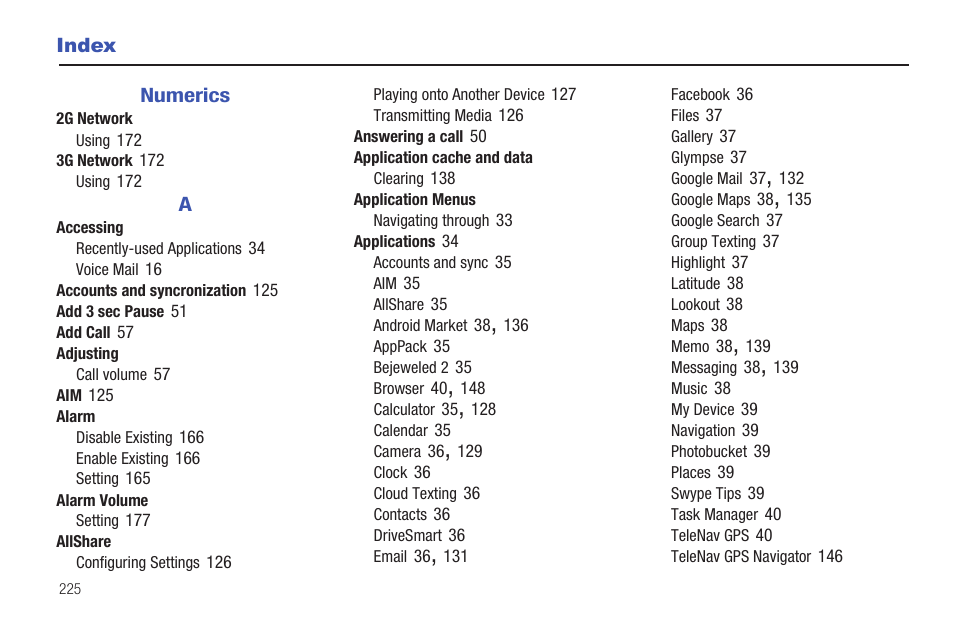 Index | Samsung SGH-T589HBBTMB User Manual | Page 230 / 240