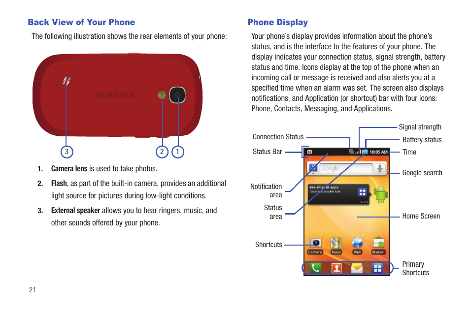 Back view of your phone, Phone display, Back view of your phone phone display | Samsung SGH-T589HBBTMB User Manual | Page 26 / 240