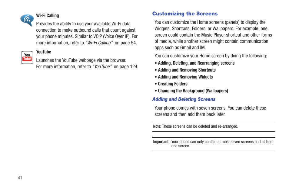 Customizing the screens | Samsung SGH-T589HBBTMB User Manual | Page 46 / 240