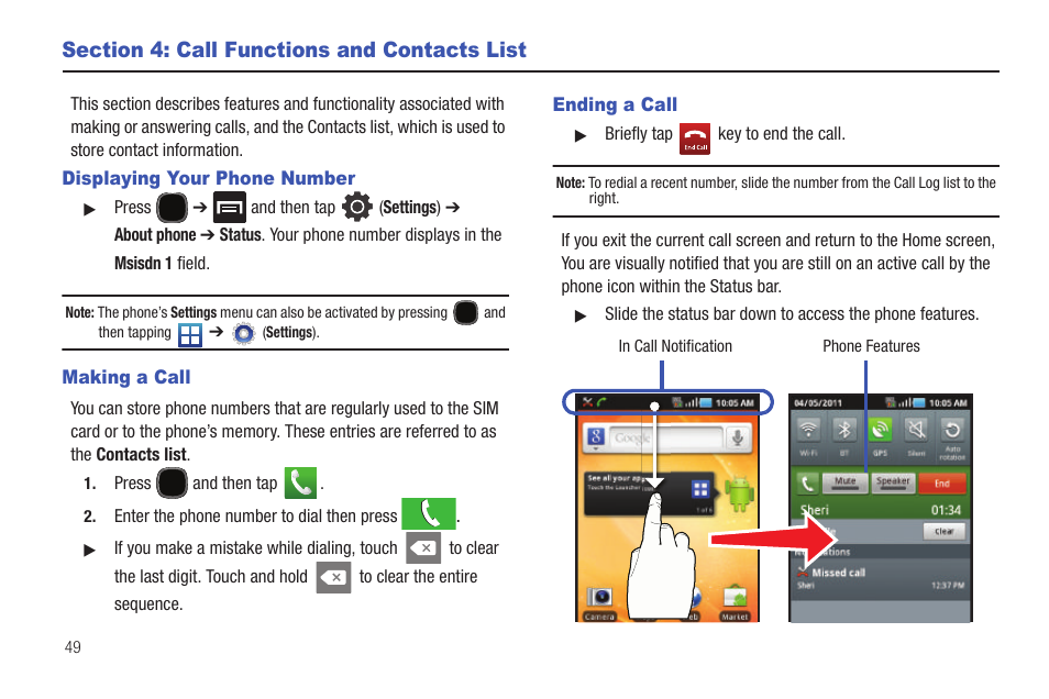 Section 4: call functions and contacts list, Displaying your phone number, Making a call | Ending a call | Samsung SGH-T589HBBTMB User Manual | Page 54 / 240