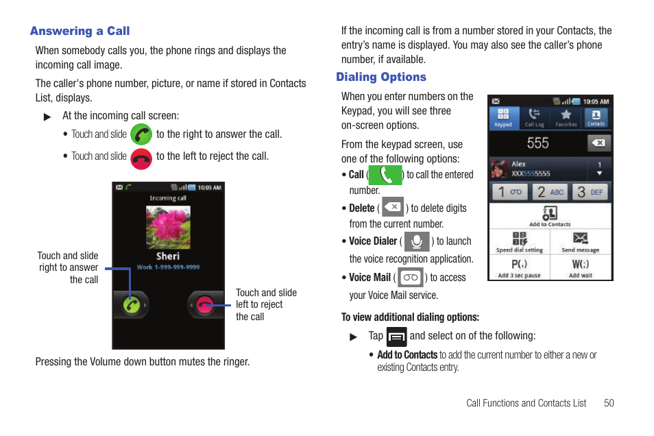 Answering a call, Dialing options, Answering a call dialing options | Samsung SGH-T589HBBTMB User Manual | Page 55 / 240