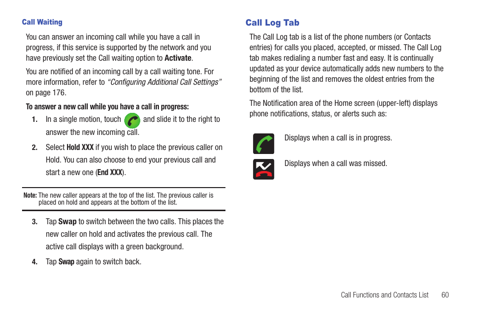 Call log tab | Samsung SGH-T589HBBTMB User Manual | Page 65 / 240