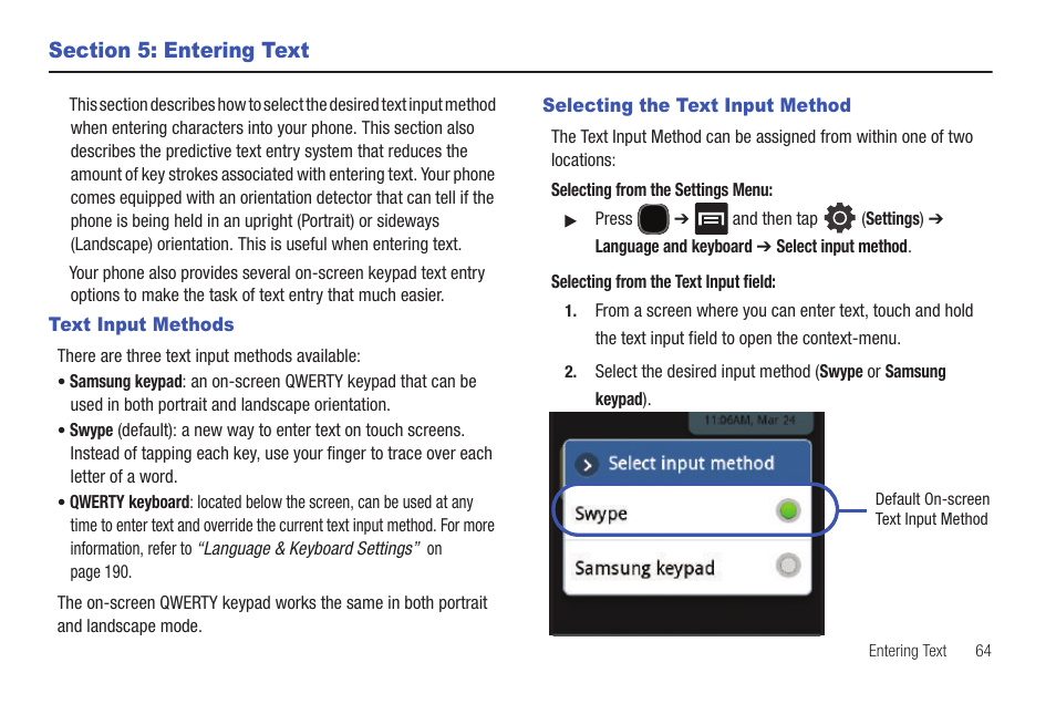 Section 5: entering text, Text input methods, Selecting the text input method | Text input methods selecting the text input method | Samsung SGH-T589HBBTMB User Manual | Page 69 / 240