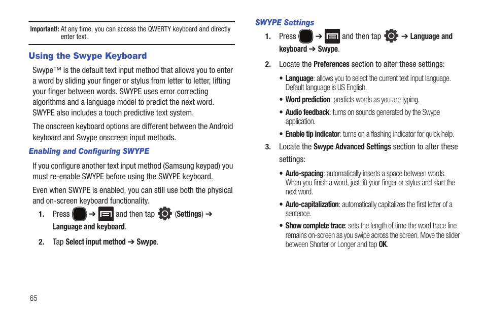 Using the swype keyboard | Samsung SGH-T589HBBTMB User Manual | Page 70 / 240