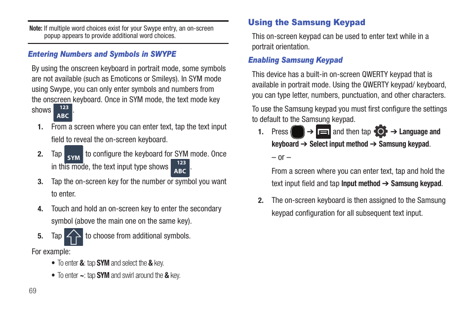 Using the samsung keypad | Samsung SGH-T589HBBTMB User Manual | Page 74 / 240