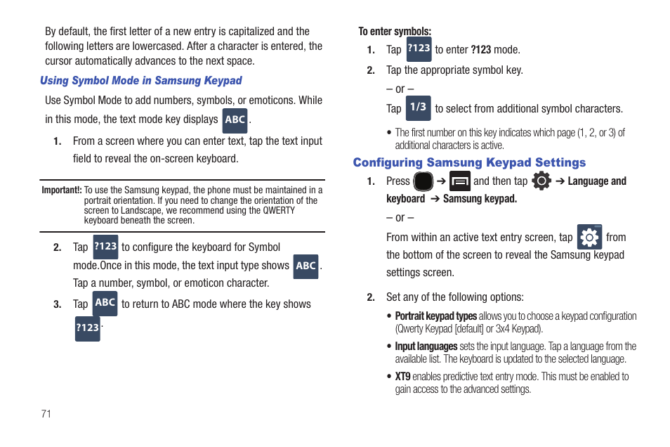 Configuring samsung keypad settings | Samsung SGH-T589HBBTMB User Manual | Page 76 / 240