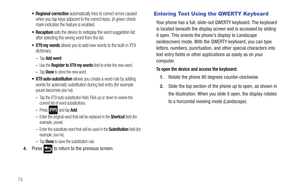 Entering text using the qwerty keyboard | Samsung SGH-T589HBBTMB User Manual | Page 78 / 240