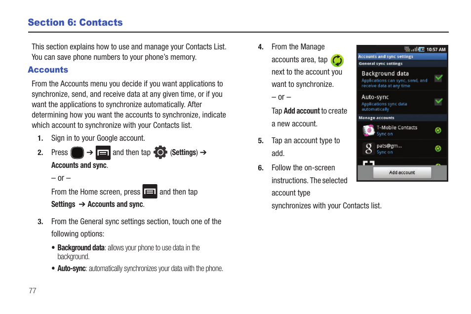 Section 6: contacts, Accounts | Samsung SGH-T589HBBTMB User Manual | Page 82 / 240