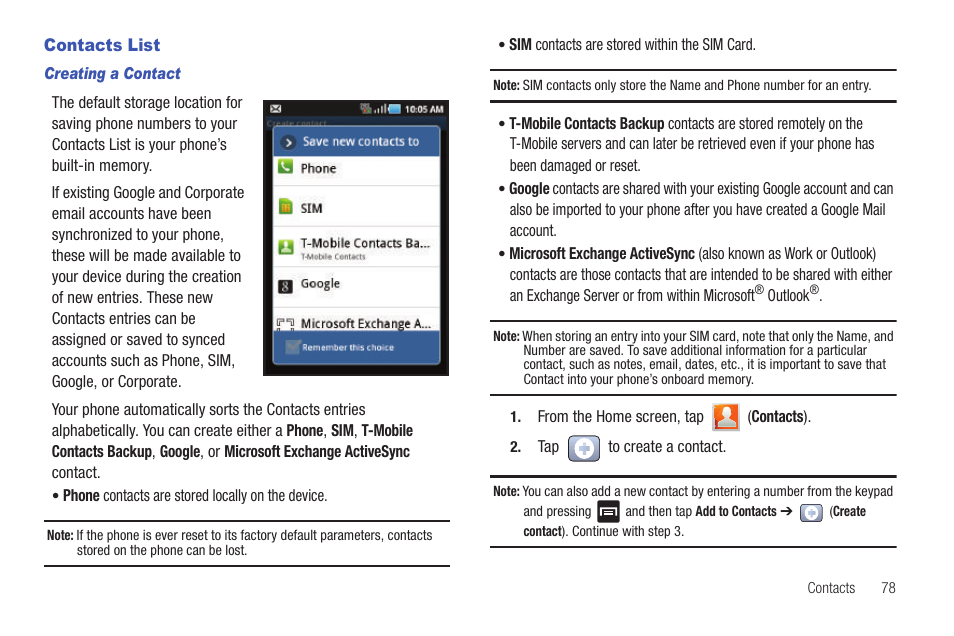 Contacts list | Samsung SGH-T589HBBTMB User Manual | Page 83 / 240