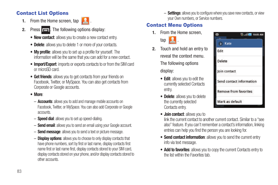 Contact list options, Contact menu options, Contact list options contact menu options | Samsung SGH-T589HBBTMB User Manual | Page 88 / 240