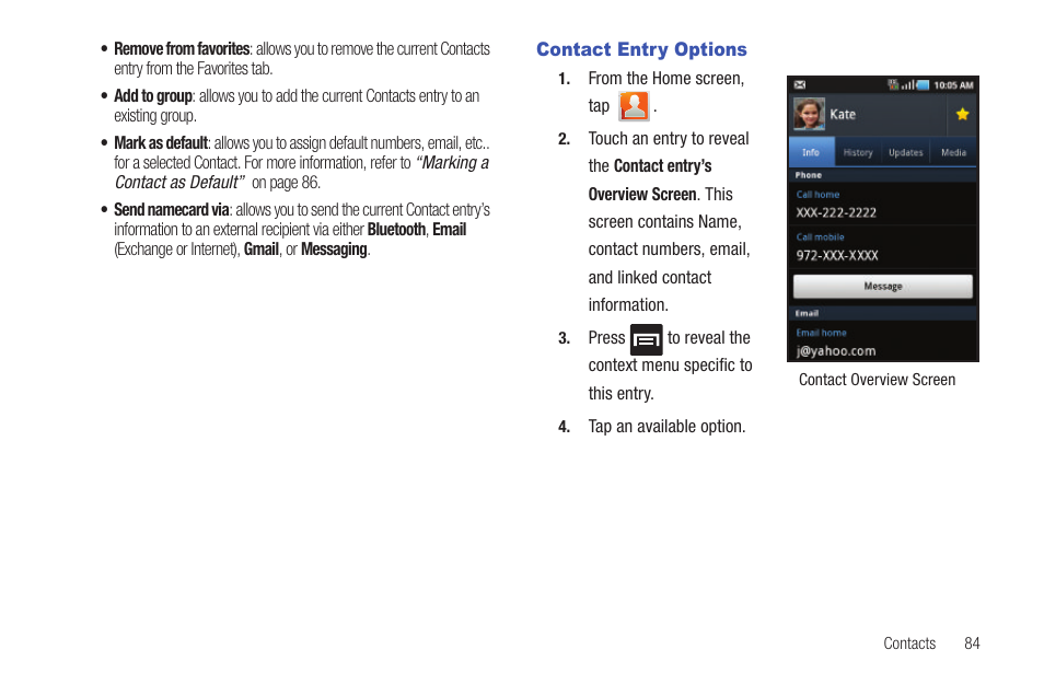 Contact entry options | Samsung SGH-T589HBBTMB User Manual | Page 89 / 240