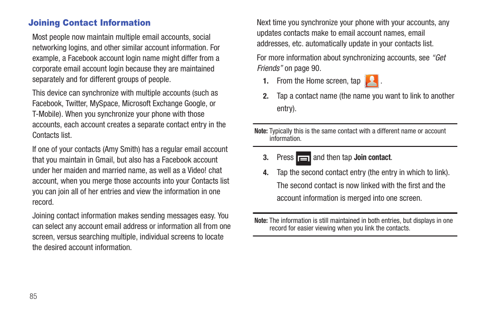 Joining contact information | Samsung SGH-T589HBBTMB User Manual | Page 90 / 240