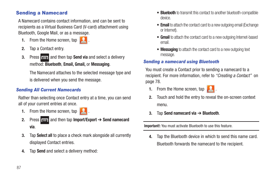 Sending a namecard | Samsung SGH-T589HBBTMB User Manual | Page 92 / 240