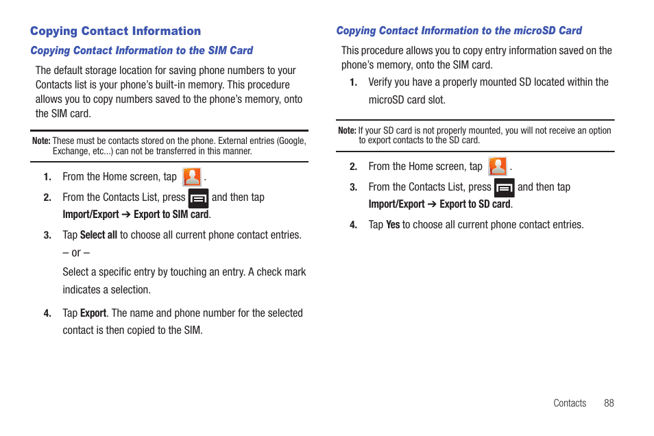 Copying contact information | Samsung SGH-T589HBBTMB User Manual | Page 93 / 240