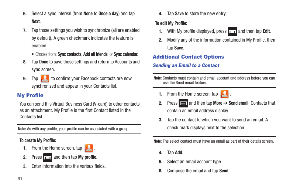 My profile, Additional contact options, My profile additional contact options | Samsung SGH-T589HBBTMB User Manual | Page 96 / 240