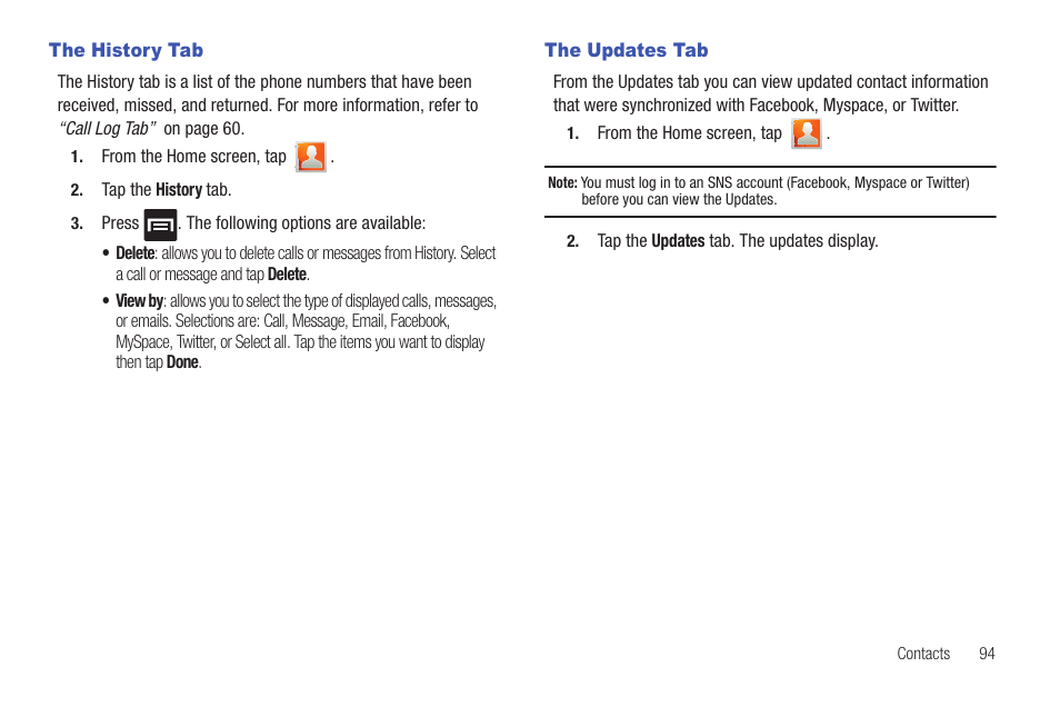 The history tab, The updates tab, The history tab the updates tab | Samsung SGH-T589HBBTMB User Manual | Page 99 / 240