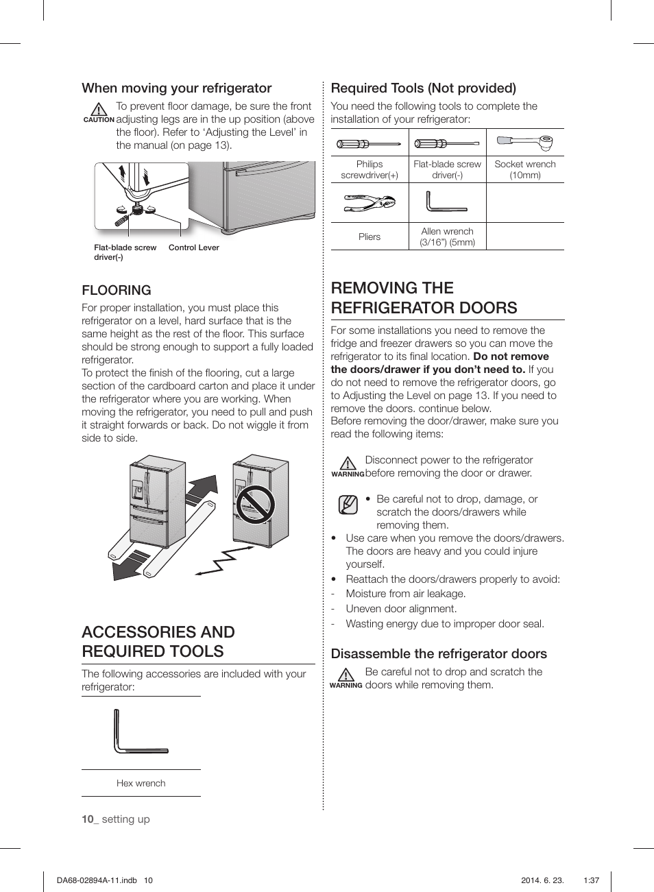 Accessories and required tools, Removing the refrigerator doors, When moving your refrigerator | Flooring, Required tools (not provided), Disassemble the refrigerator doors | Samsung RF31FMEDBSR-AA User Manual | Page 10 / 156