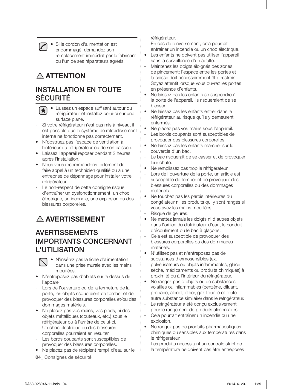 Attention installation en toute sécurité | Samsung RF31FMEDBSR-AA User Manual | Page 108 / 156