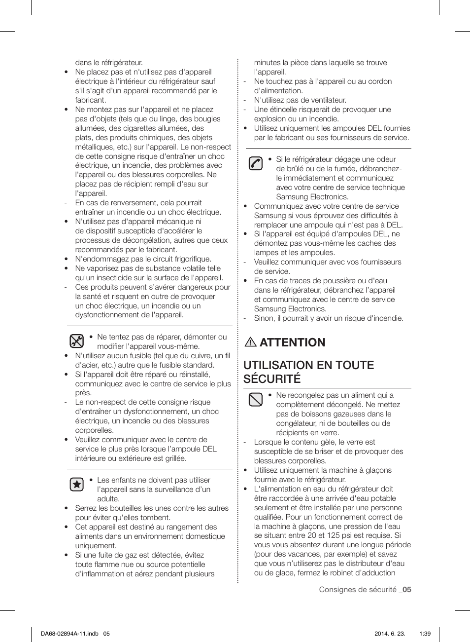 Attention utilisation en toute sécurité | Samsung RF31FMEDBSR-AA User Manual | Page 109 / 156