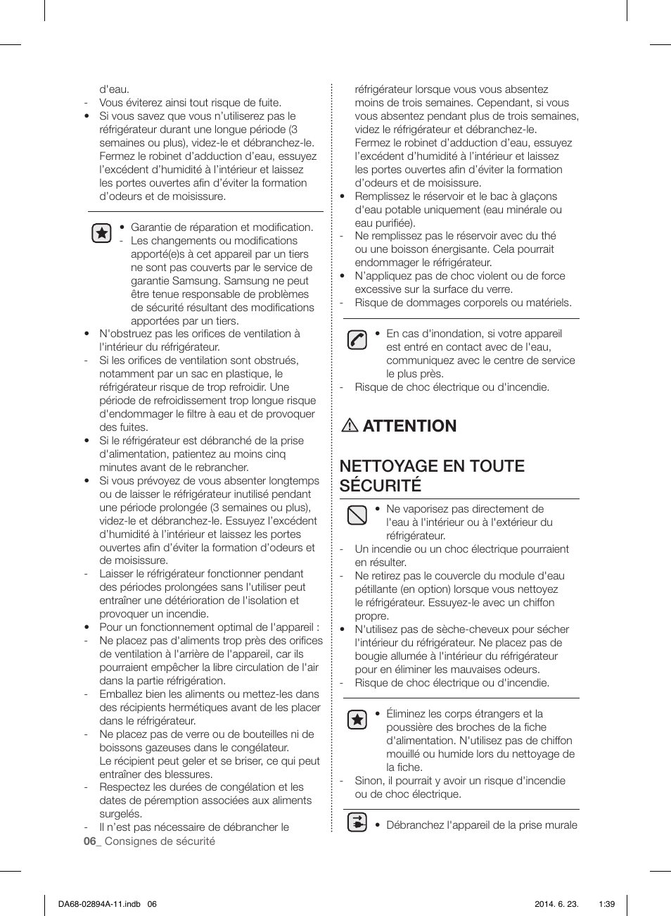 Attention nettoyage en toute sécurité | Samsung RF31FMEDBSR-AA User Manual | Page 110 / 156