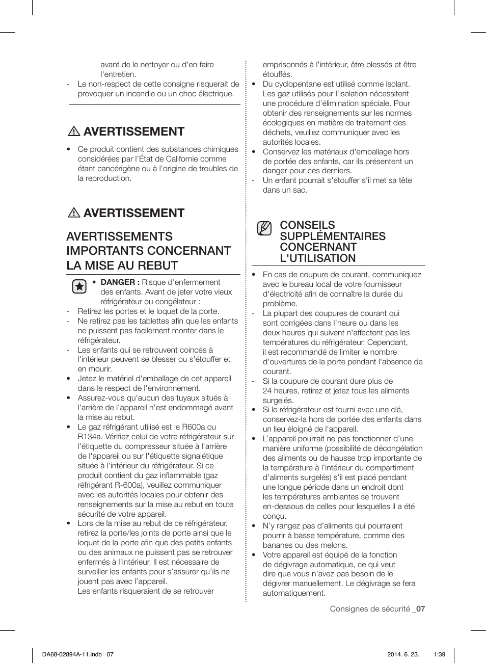 Avertissement, Conseils supplémentaires concernant l'utilisation | Samsung RF31FMEDBSR-AA User Manual | Page 111 / 156